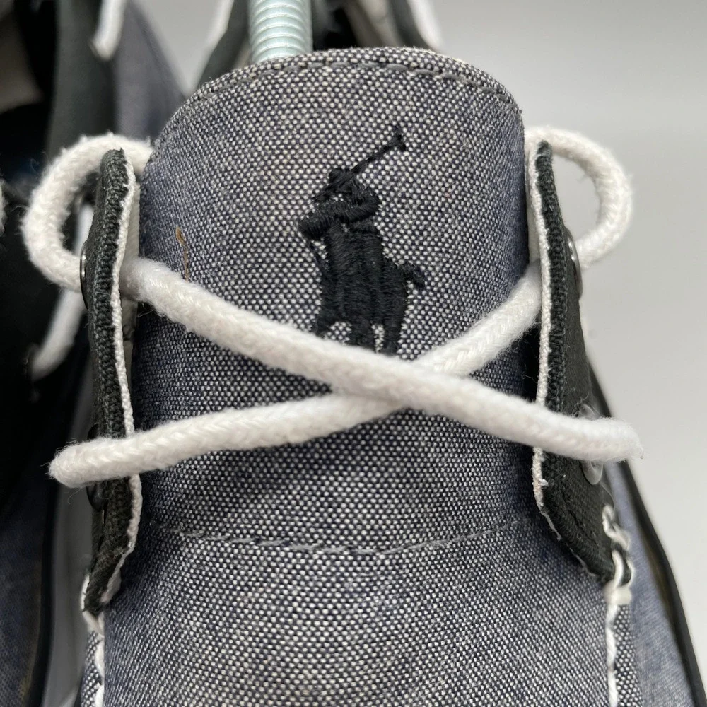 Polo Ralph Lauren Lander Boat Shoes Mens 10.5D Grey Black Chambray Loafers